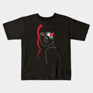 Flowers Lady with Red Hair | One Line Drawing | One Line Art | Minimal | Minimalist Kids T-Shirt